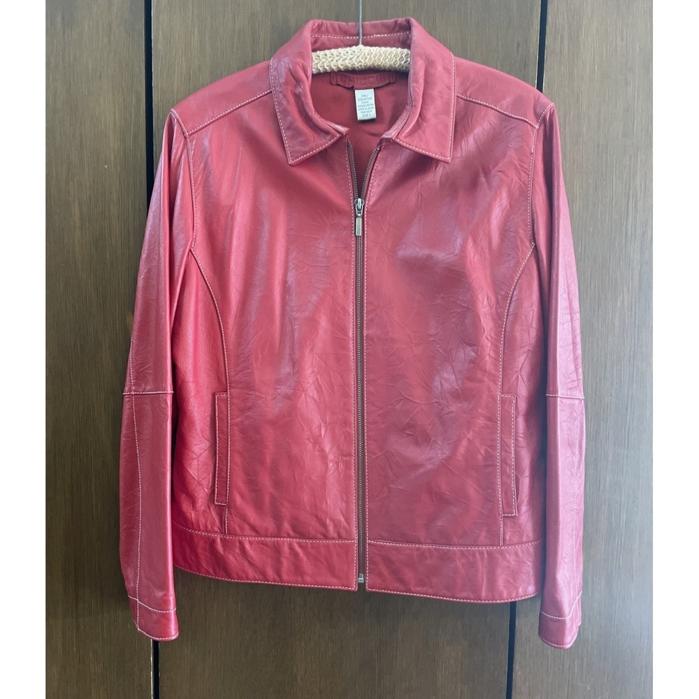 Vintage Chico's Red 100% Crinkle leather jacket short Motorcycle jacket sz 1 M